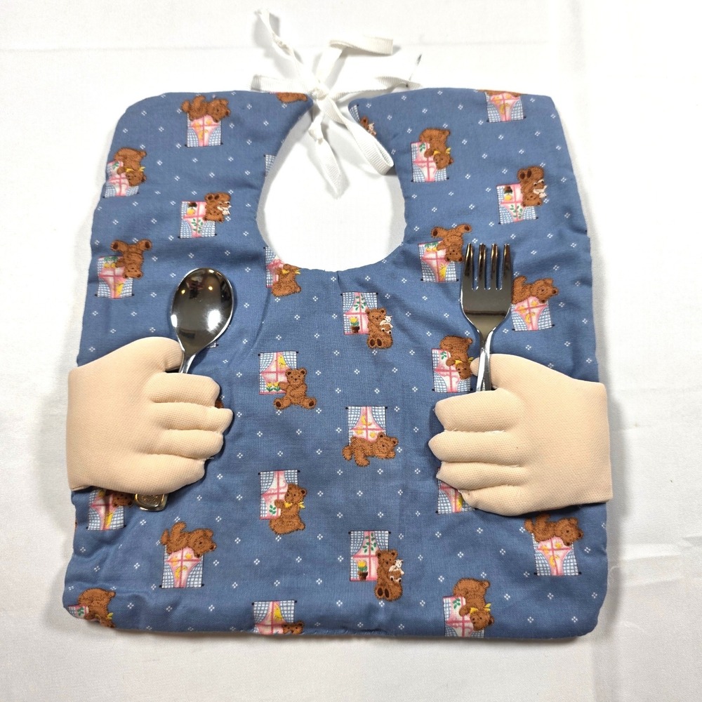 Vintage 1980 Handmade Teddy Bear Bib Set with 3D Hands and First Years Utensils